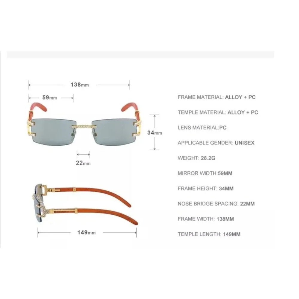 Women Gold Rimless Rectangle Rhinestone Sunglasses Grey Lens Wood Grain Arms Y2K